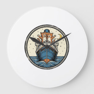 Vintage Cats on Ocean Liner Ship Art Shirt Design_ Large Clock
