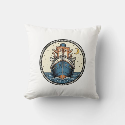 Vintage Cats on Ocean Liner Ship Art Shirt Design_ Throw Pillow