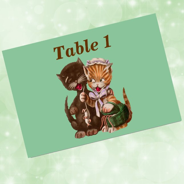 Vintage Cats Rat Gift Basket Table Number (Cute cat couple sharing rats from wood basket on mint green event table number card.)