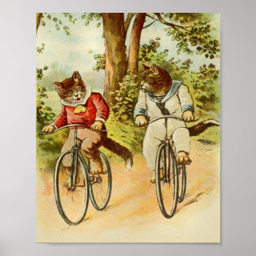 Vintage Cats Riding Bicycles Illustration Poster