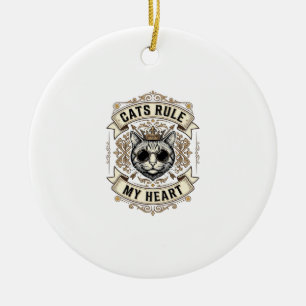 Vintage Cats Rule My Heart Crowned Cat Design_1 Ceramic Ornament