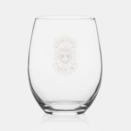 Vintage Cats Rule My Heart Crowned Cat Design_1 Stemless Wine Glass