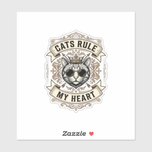 Vintage Cats Rule My Heart Crowned Cat Design_1 Sticker