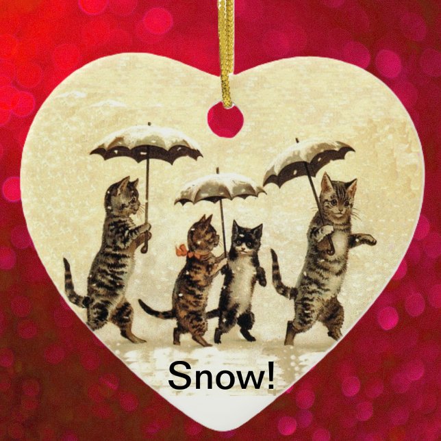 Vintage Cats Umbrellas Snow Ceramic Ornament (Four brown cats walking upright umbrellas in falling snow on yellow heart shaped ceramic ornament.)