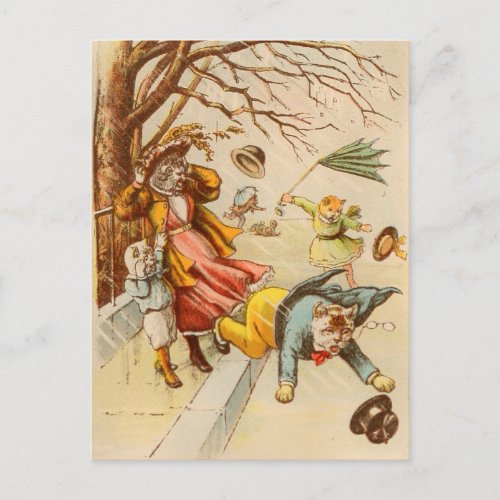 Vintage Cats Walking Windy Day Postcard