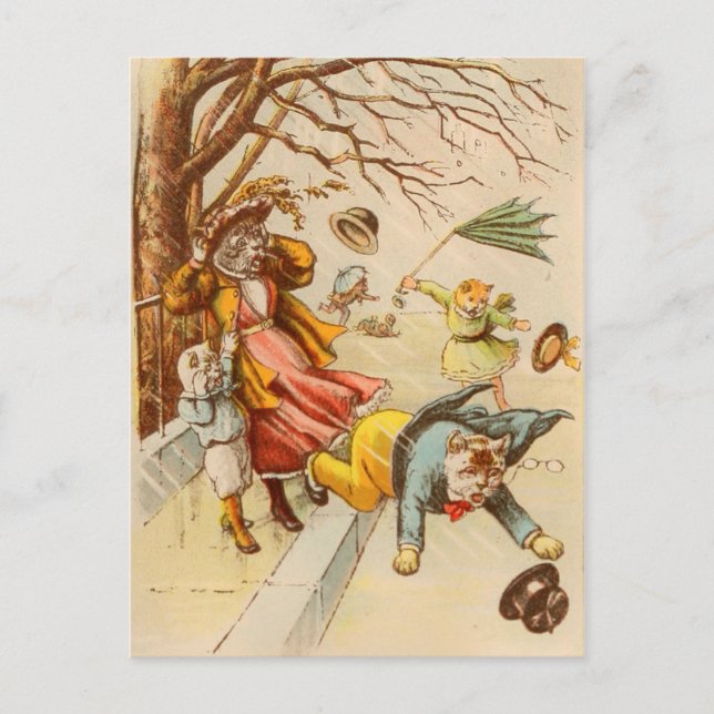 Vintage Cats Walking Windy Day Postcard (Front)