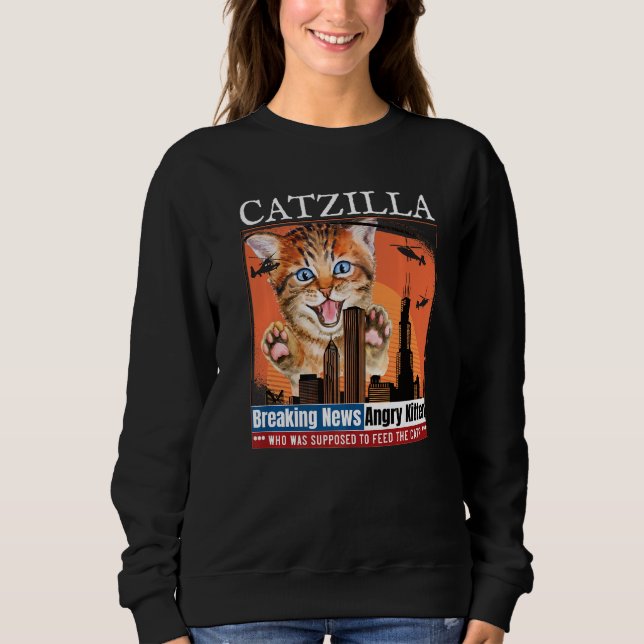 Vintage Catzilla Breaking News, Funny hungry Kitte Sweatshirt (Front)