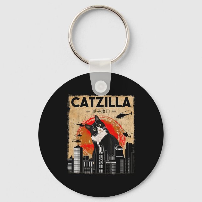 Vintage Catzilla - Funny Tuxedo Cat And Kitten  Keychain (Front)