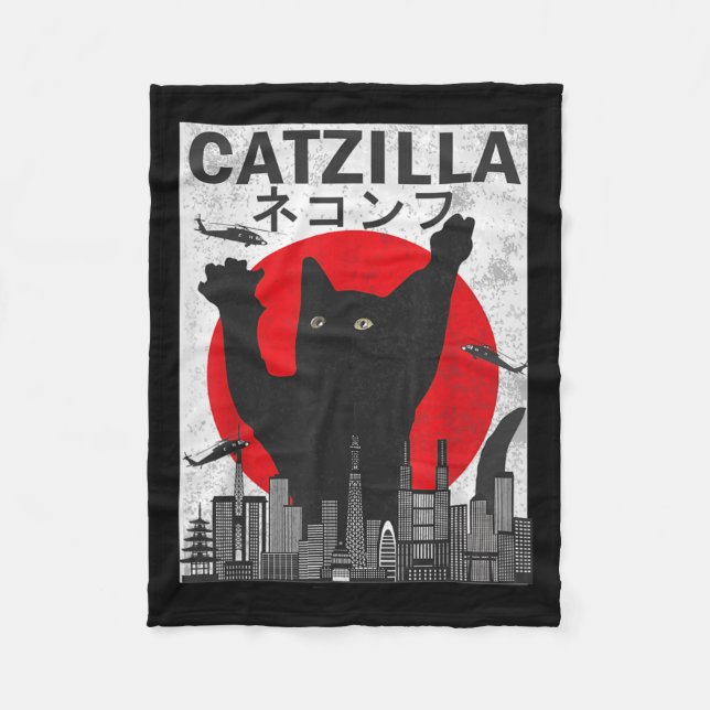 Vintage Catzilla Japanese Sunset Style Cat Kitten  Fleece Blanket (Front)