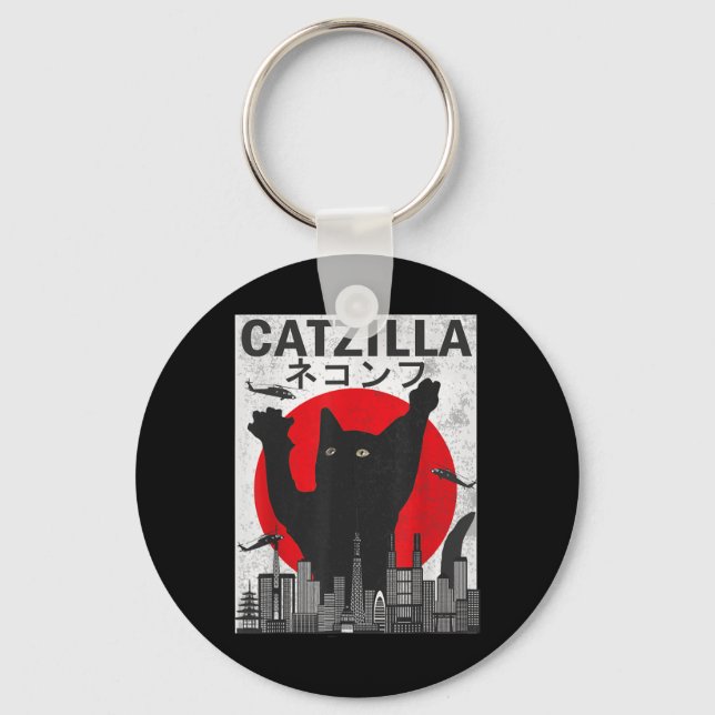 Vintage Catzilla Japanese Sunset Style Cat Kitten  Keychain (Front)