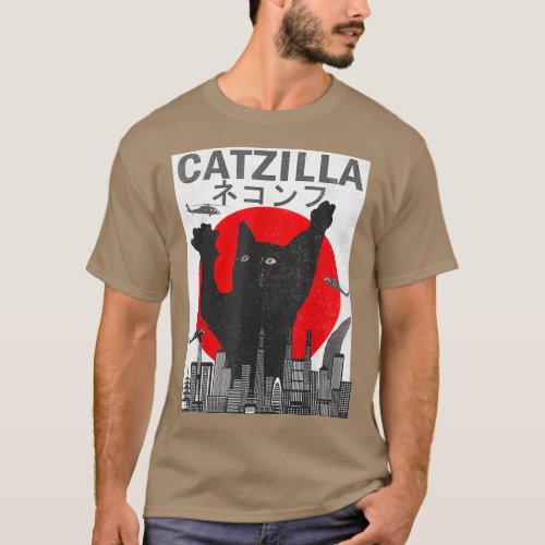 Vintage Catzilla Japanese Sunset Style Cat Kitten  T_Shirt