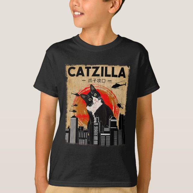 Vintage Catzilla Tee - Funny Tuxedo Cat And Kitten (Front)