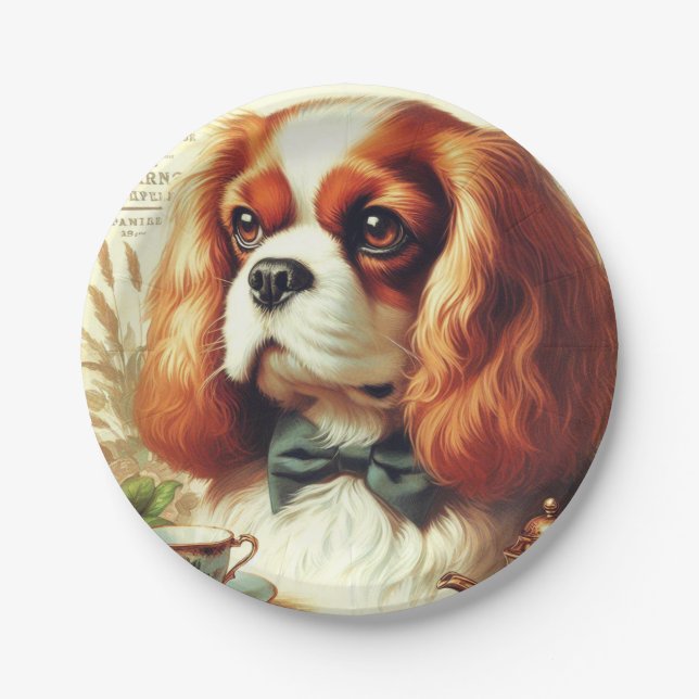 Vintage Cavalier King Charles Spaniel  Painting Paper Plates (Front)