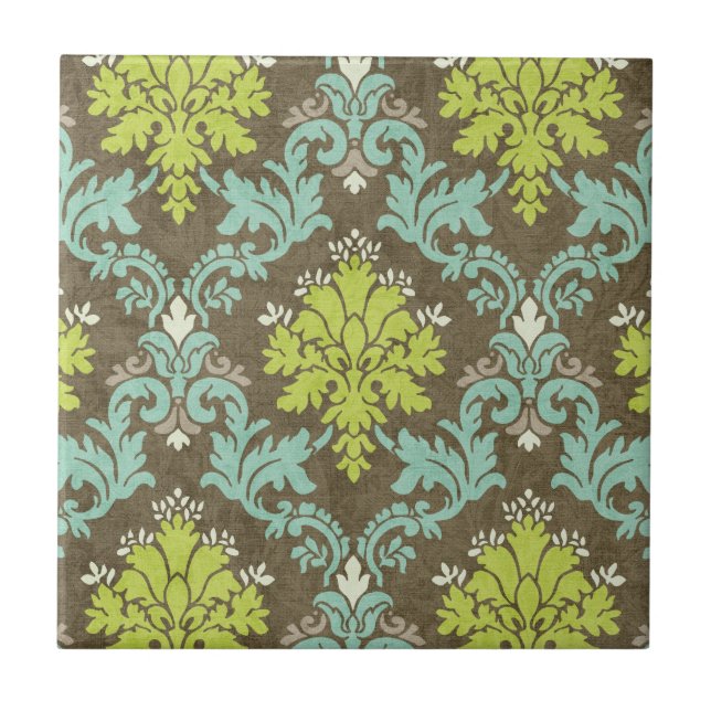 Vintage Celadon and Aqua Damask Ceramic Tile (Front)