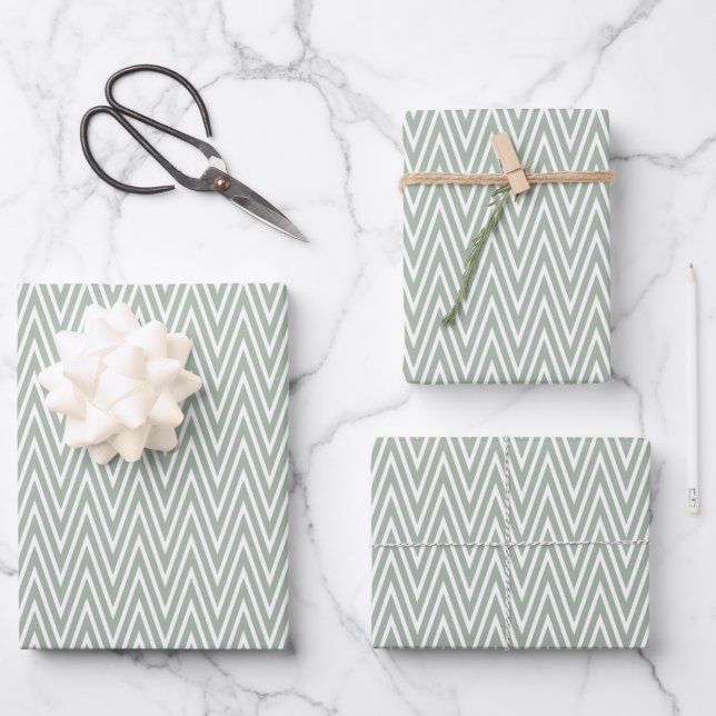 Vintage Celadon Green Zigzag Wrapping Paper Sheets (Front)