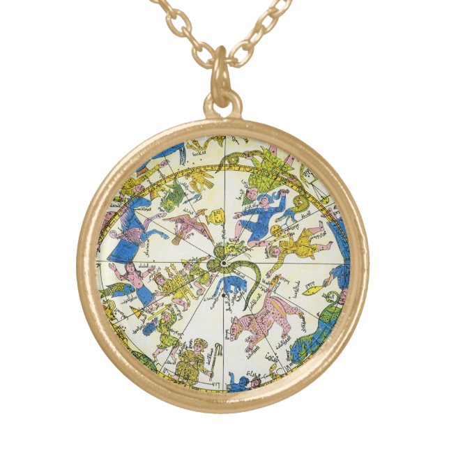Vintage Celestial, Arabic Sphere, Constellations Gold Plated Necklace (Front)