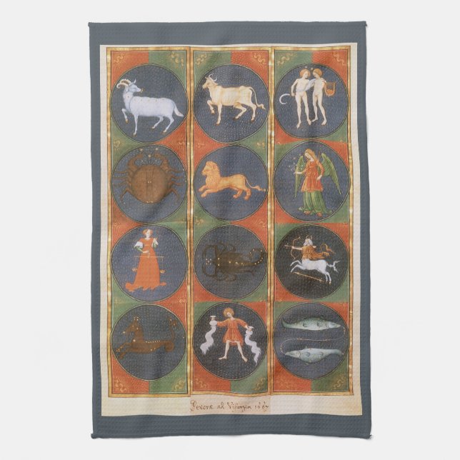 Vintage Celestial, Astrological Zodiac Chart, 1475 Kitchen Towel (Vertical)