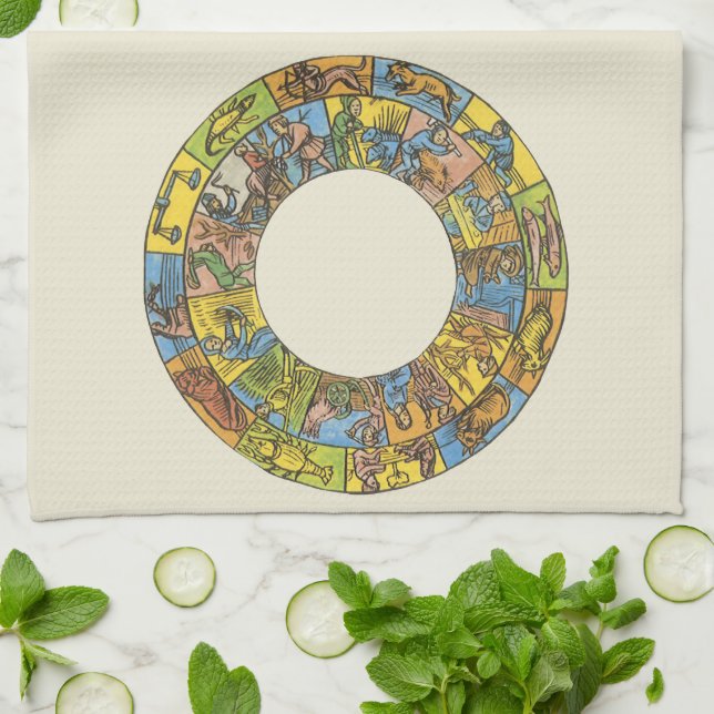 Vintage Celestial, Astrological Zodiac Wheel Kitchen Towel (Folded)