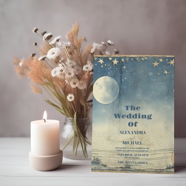 Vintage Celestial Blue Midnight  Stars Wedding Invitation (Creator Uploaded)