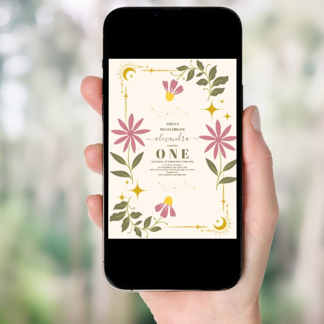 Vintage Celestial Botanical 1st Birthday Invitation (Front Digital)