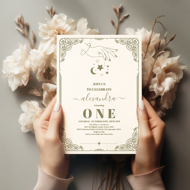 Vintage Celestial Botanical 1st Birthday Invitation (Creator Uploaded)