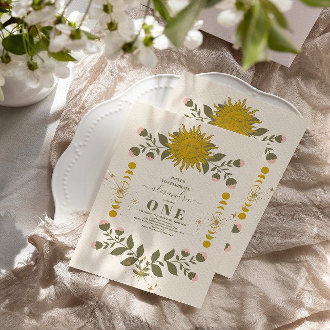 Vintage Celestial Botanical 1st Birthday Invitation (Creator Uploaded)