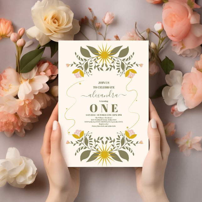 Vintage Celestial Botanical 1st Birthday Invitation (Creator Uploaded)