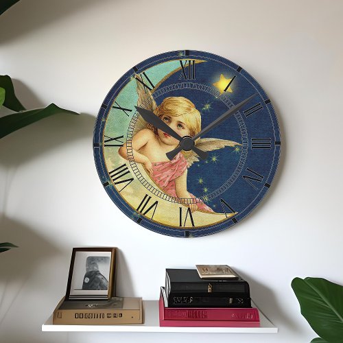 Vintage Celestial Cherub Moon Dark Blue Starry Sky Round Clock