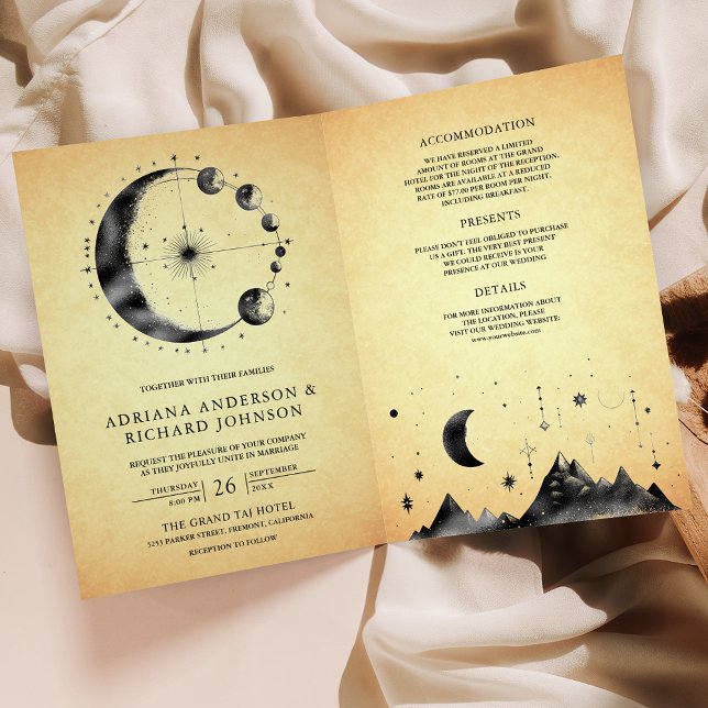 Vintage Celestial Crescent Moon Phases Wedding Invitation (Creator Uploaded)