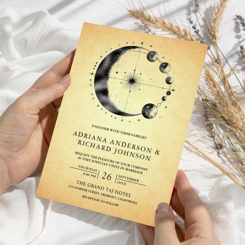 Vintage Celestial Crescent Moon Phases Wedding Invitation