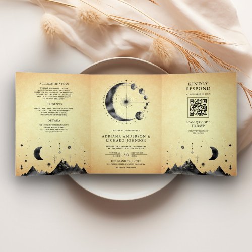 Vintage Celestial Crescent Moon Phases Wedding Tri_Fold Invitation