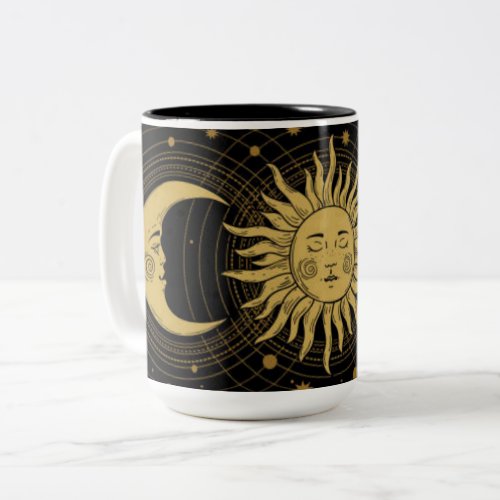 Vintage Celestial Golden Sun  Moon on Black  Two_Tone Coffee Mug