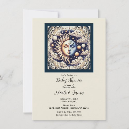 Vintage Celestial Half Sun  Moon Baby Shower  Invitation