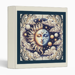 Vintage Celestial Half Sun & Moon Blue Yellow 3 Ring Binder
