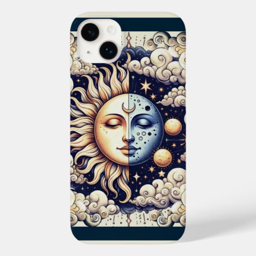 Vintage Celestial Half Sun  Moon Blue Yellow Case_Mate iPhone 14 Plus Case