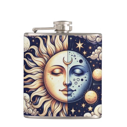 Vintage Celestial Half Sun  Moon Blue Yellow Flask