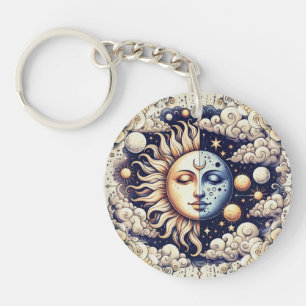 Vintage Celestial Half Sun & Moon Blue Yellow Keychain