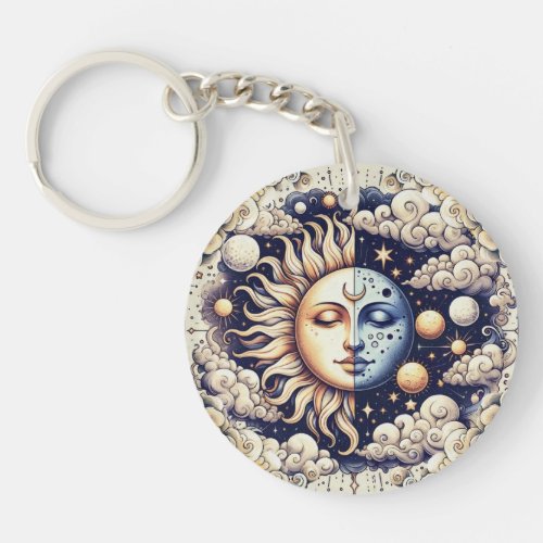 Vintage Celestial Half Sun  Moon Blue Yellow Keychain
