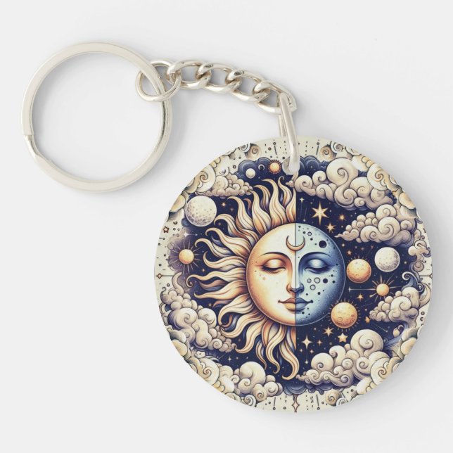 Vintage Celestial Half Sun & Moon Blue Yellow Keychain (Front)