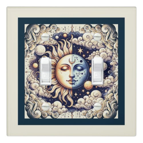 Vintage Celestial Half Sun  Moon Blue Yellow Light Switch Cover