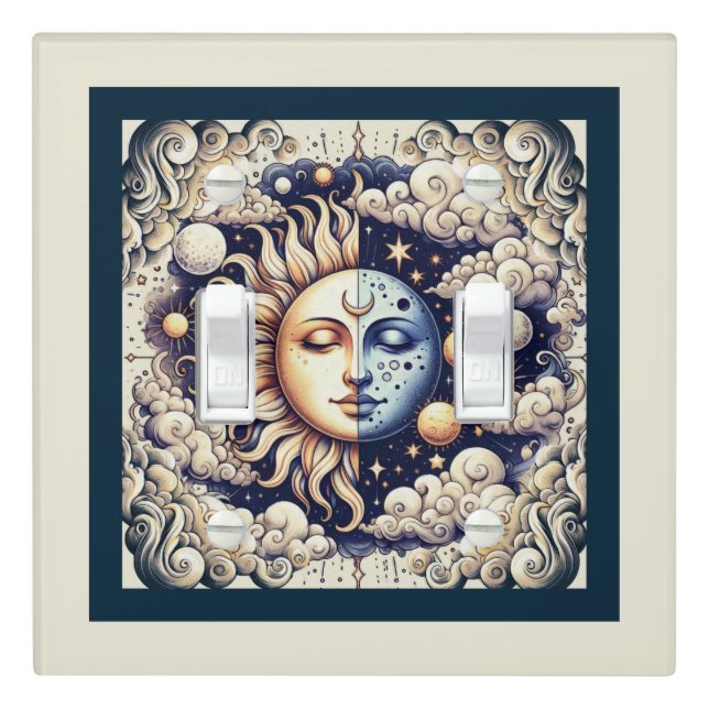 Vintage Celestial Half Sun & Moon Blue Yellow Light Switch Cover (In Situ)