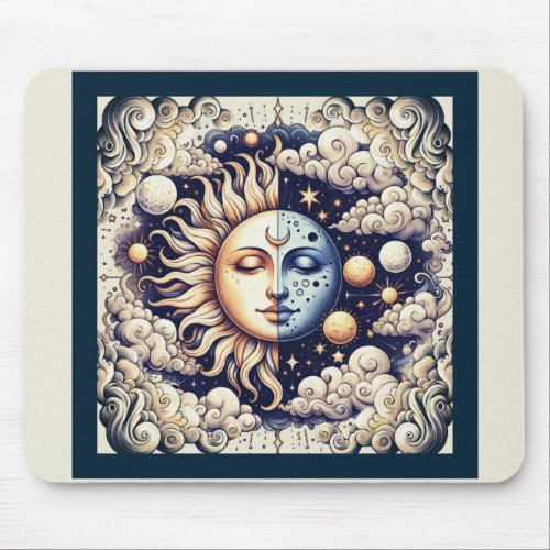 Vintage Celestial Half Sun  Moon Blue Yellow Mouse Pad