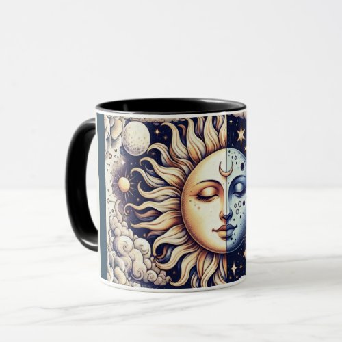 Vintage Celestial Half Sun  Moon Blue Yellow Mug