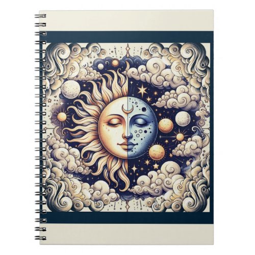 Vintage Celestial Half Sun  Moon Blue Yellow Notebook