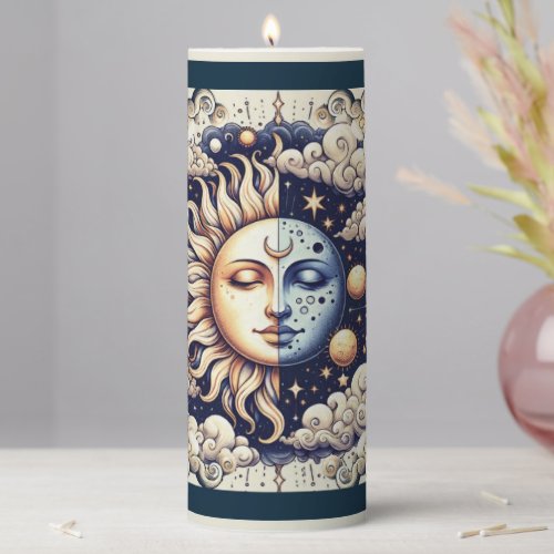 Vintage Celestial Half Sun  Moon Blue Yellow Pillar Candle