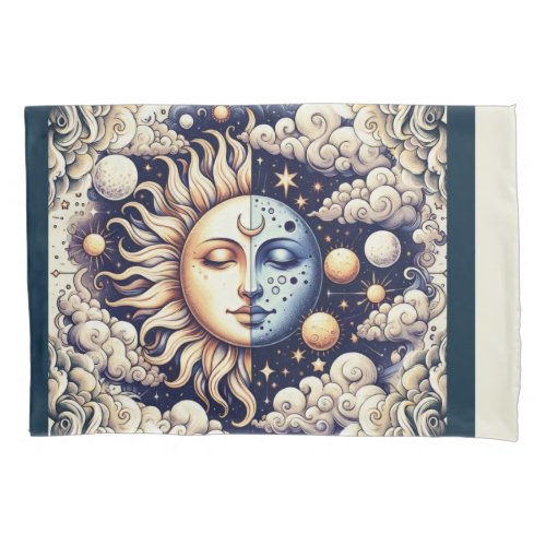 Vintage Celestial Half Sun  Moon Blue Yellow Pillow Case