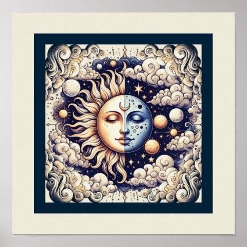 Vintage Celestial Half Sun  Moon Blue Yellow Poster