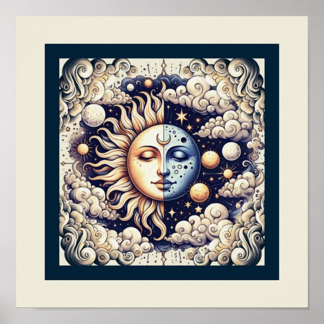 Vintage Celestial Half Sun & Moon Blue Yellow Poster (Front)