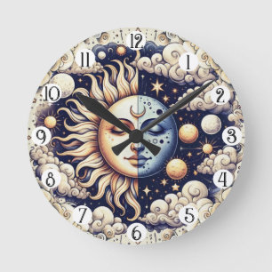 Vintage Celestial Half Sun & Moon Blue Yellow Round Clock