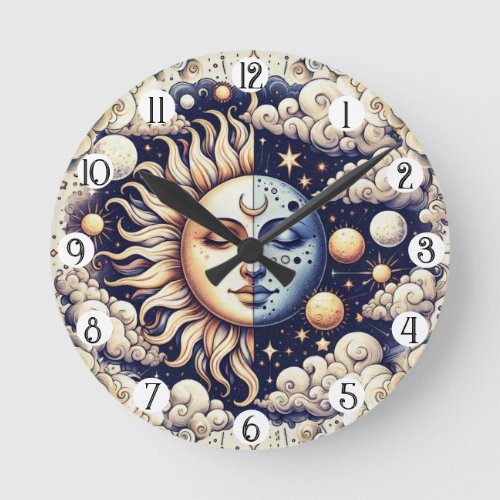 Vintage Celestial Half Sun  Moon Blue Yellow Round Clock